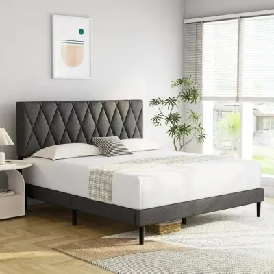 Cross Line Tufted Upholstered Bed - Black, King Size Without Mattress