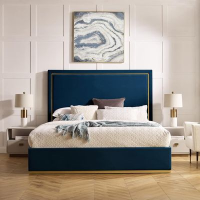 Addalyn Velvet Haven Bed - Navy Blue, Queen Size Without Mattress