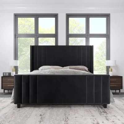 Vertical Line Velvet Upholstered Platform Bed - Black, Super King Without Mattress