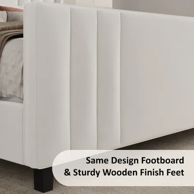 Vertical Line Velvet Upholstered Platform Bed - Cream, Queen Size Without Mattress