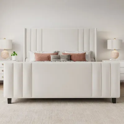 Vertical Line Velvet Upholstered Platform Bed - Cream, Super King Without Mattress