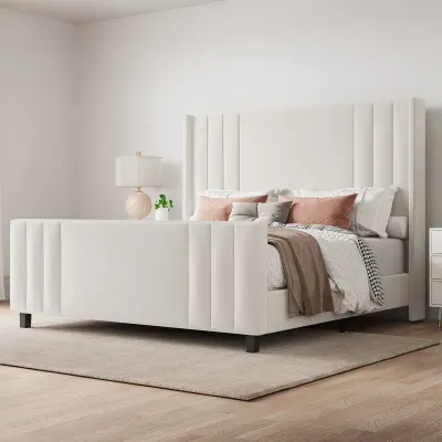 Vertical Line Velvet Upholstered Platform Bed - Cream, King Size Without Mattress