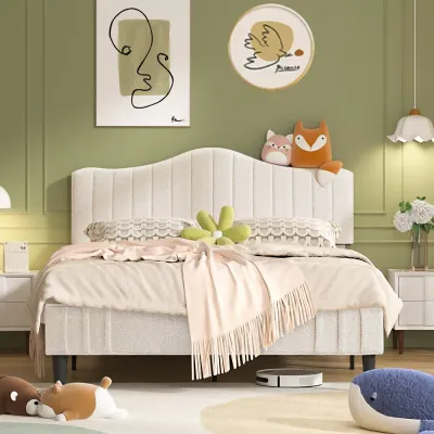 Teddy Fabric Upholstered Bed - Beige, Queen Size Without Mattress