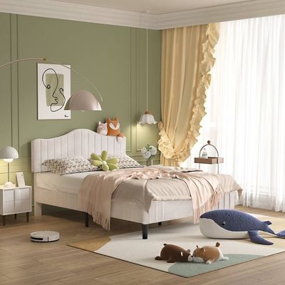 Teddy Fabric Upholstered Bed - Beige, Queen Size Without Mattress
