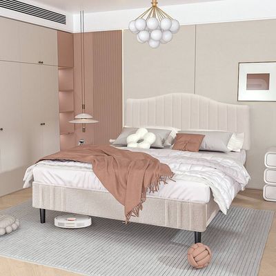 Teddy Fabric Upholstered Bed - Beige, Queen Size Without Mattress