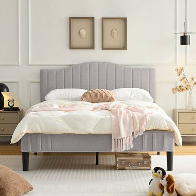 Teddy Fabric Upholstered Bed - Light Grey, Queen Size Without Mattress