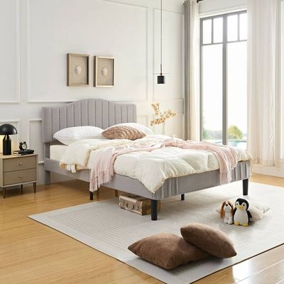 Teddy Fabric Upholstered Bed - Light Grey, Queen Size Without Mattress