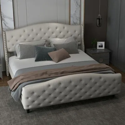 Berber Fleece Velvet Upholstered Bed - Grey, Queen Size Without Mattress