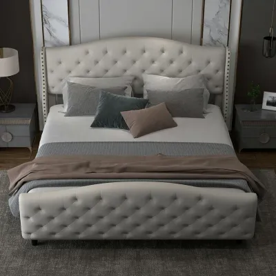 Berber Fleece Velvet Upholstered Bed - Grey, Super King Without Mattress