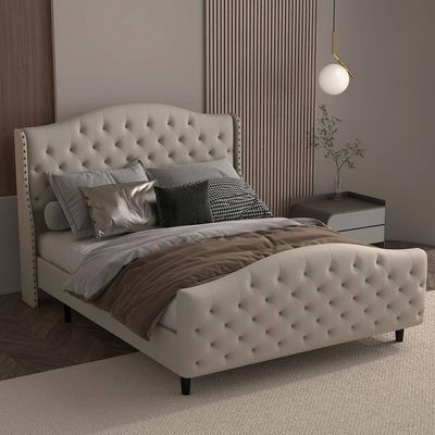 Berber Fleece Velvet Upholstered Bed - Dark Beige, Queen Size Without Mattress