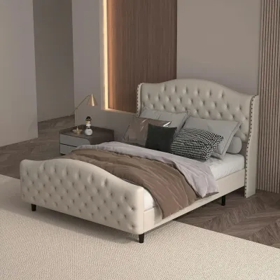 Berber Fleece Velvet Upholstered Bed - Dark Beige, Super King Size Without Mattress