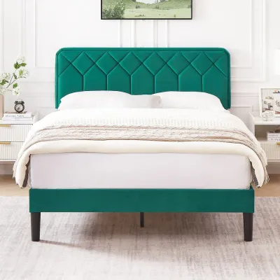 Vecelov Upholstered Bed Frame - Dark Green, Queen Size Without Mattress