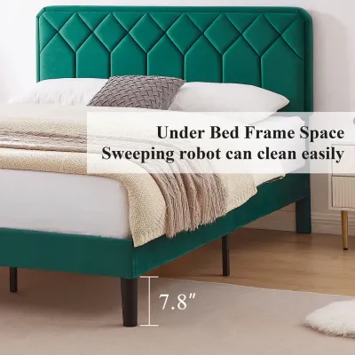 Vecelov Upholstered Bed Frame - Dark Green, Queen Size Without Mattress