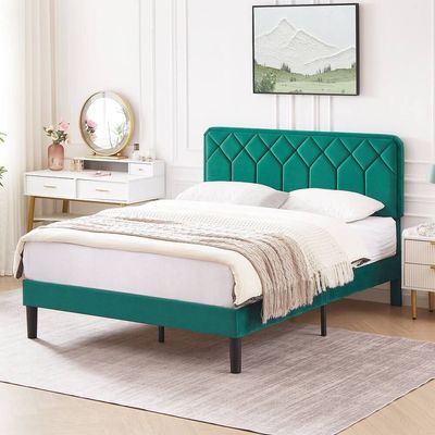 Vecelov Upholstered Bed Frame - Dark Green, Super King Without Mattress