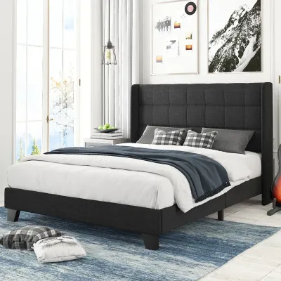 Modern Platform Bed Frame With Wingback - Charcoal Grey, Queen Size Without Mattress