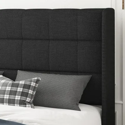 Modern Platform Bed Frame With Wingback - Charcoal Grey, Queen Size Without Mattress