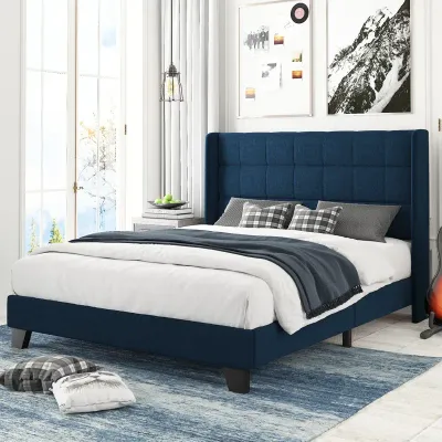 Modern Platform Bed Frame With Wingback - Navy Blue, Queen Size Without Mattress