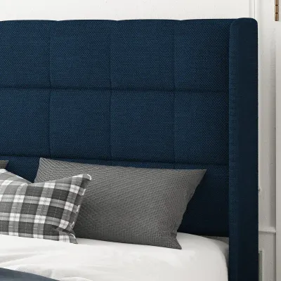 Modern Platform Bed Frame With Wingback - Navy Blue, Queen Size Without Mattress