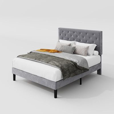 Divino Tufted Upholstered Platform Bed - Grey, King Size Without Mattress