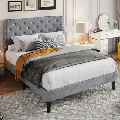 Divino Tufted Upholstered Platform Bed - Grey, Super King Without Mattress