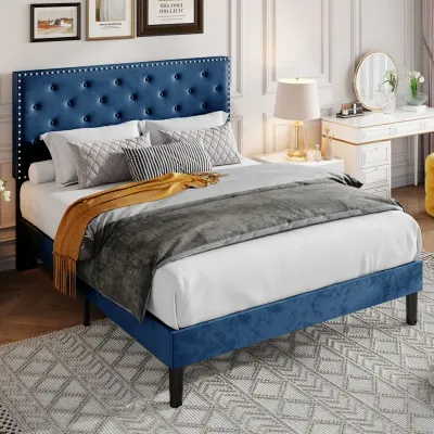 Divino Tufted Upholstered Platform Bed - Navy Blue, King Size Without Mattress
