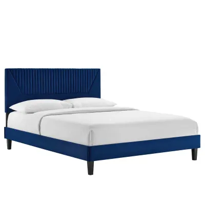 Yasmine Channel Tufted Velvet Platform Bed - Navy Blue, King Size Without Mattress
