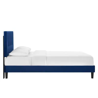 Yasmine Channel Tufted Velvet Platform Bed - Navy Blue, Queen Size Without Mattress
