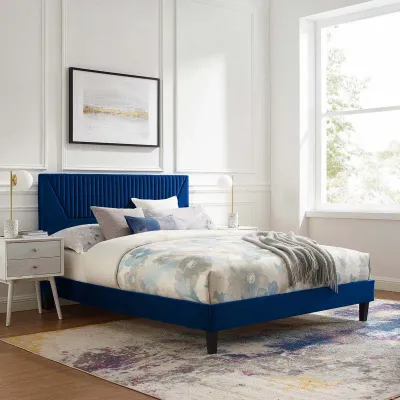 Yasmine Channel Tufted Velvet Platform Bed - Navy Blue, Queen Size Without Mattress