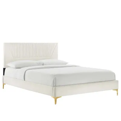 Yasmine Channel Tufted Velvet Platform Bed - White, Queen Size Without Mattress