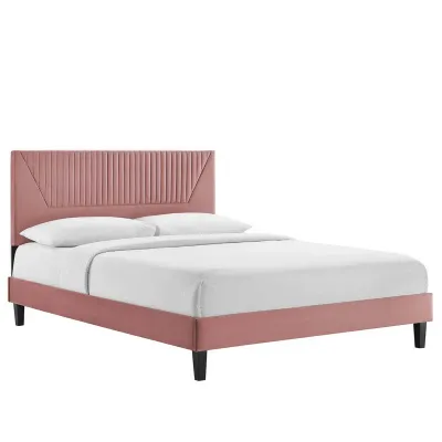 Yasmine Channel Tufted Velvet Platform Bed - Dusty Rose, Queen Size Without Mattress
