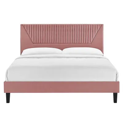 Yasmine Channel Tufted Velvet Platform Bed - Dusty Rose, Queen Size Without Mattress