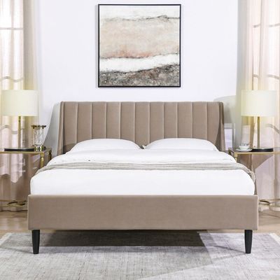 Aspen Vertical Tufted Headboard Bed - Mink Beige, Super King Without Mattress