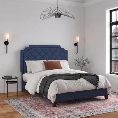 Eloise Upholstered Platform Bed - Navy Blue, Queen Size Without Mattress