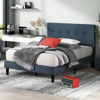 Zinus Navy Upholstered Button Tufted Platform Bed - Navy Blue, Queen Size Without Mattress