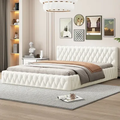 Diamond Grid Headboard Upholstered Platform Bed - Beige, King Size Without Mattress