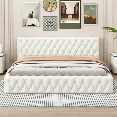 Diamond Grid Headboard Upholstered Platform Bed - Beige, Super King Without Mattress