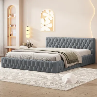 Diamond Grid Headboard Upholstered Platform Bed - Grey, King Size Without Mattress