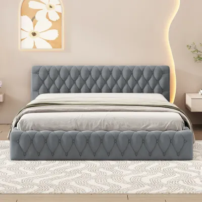Diamond Grid Headboard Upholstered Platform Bed - Grey, Queen Size Without Mattress