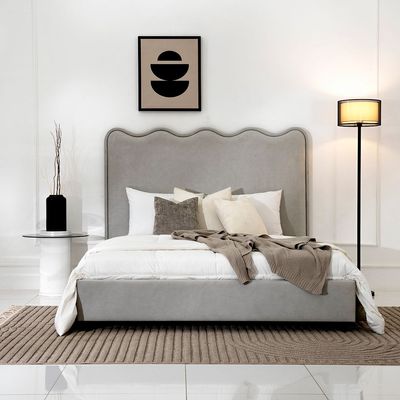 Wave Velvet Upholstered Fabric Bed - Gray, King Size Without Mattress