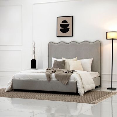 Wave Velvet Upholstered Fabric Bed - Gray, Super King Without Mattress