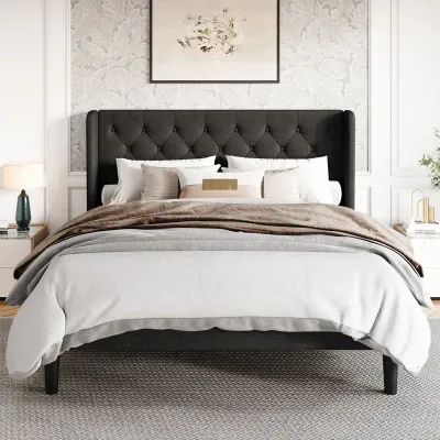 Hilbert Upholstered Low Profile - Black, Queen Size Without Mattress
