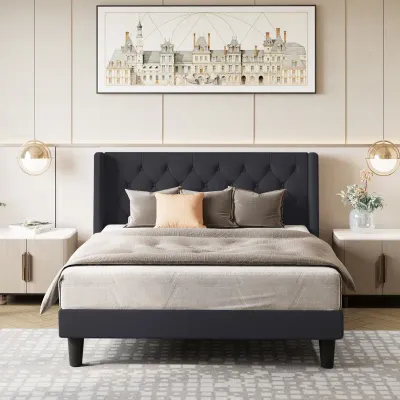 Hilbert Upholstered Low Profile - Black, Super King Without Mattress
