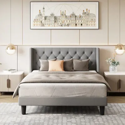 Hilbert Upholstered Low Profile - Light Grey, King Size Without Mattress