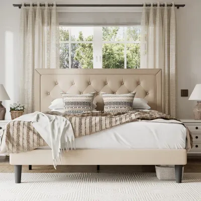 Tawona Tufted Upholstered Platform Bed - Beige, King Size Without Mattress