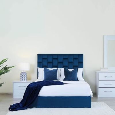 Diana Velvet Upholstered Bed - Blue, Queen Size Without Mattress