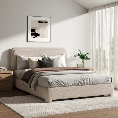Bensu Upholstered Platform Bed With Wood Slats - Cream, Queen Size Without Mattress