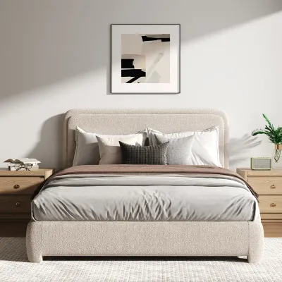 Bensu Upholstered Platform Bed With Wood Slats - Cream, Queen Size Without Mattress
