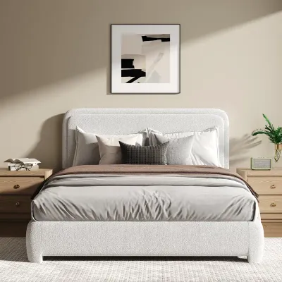 Bensu Upholstered Platform Bed With Wood Slats - White, Queen Size Without Mattress