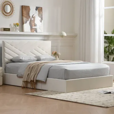 Palafox Upholstered Platform Bed - Cream, Queen Size Without Mattress