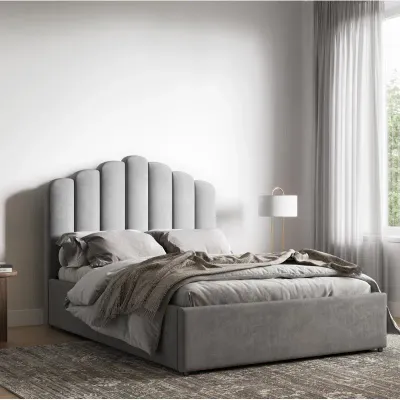 Velia Velvet Upholstered Bed - Grey, Queen Size Without Mattress
